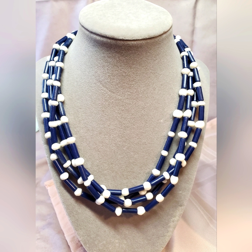 Nautical Necklace navy blue & white 18" cruise jewelry